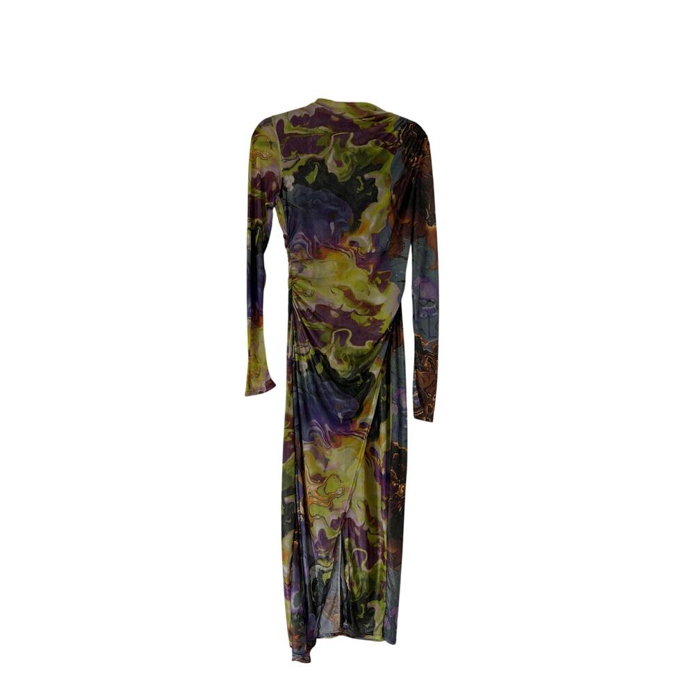 LAPOINTE Multicolor Abstract Print Long Sleeve Ruched Mesh Maxi Dress M